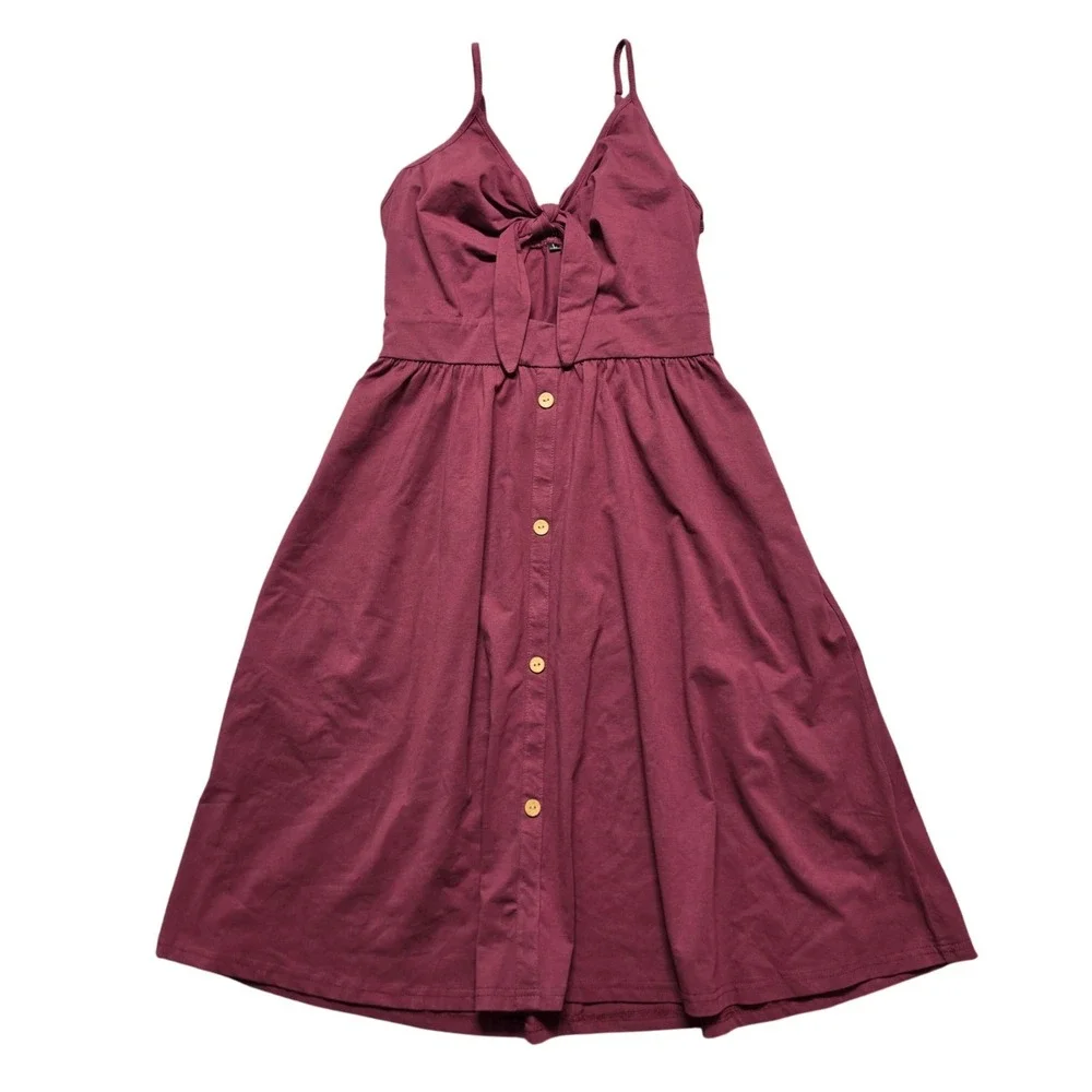 Cottagecore Boho Sundress Tie Front Button Detail Midi Womens Large Burgundy